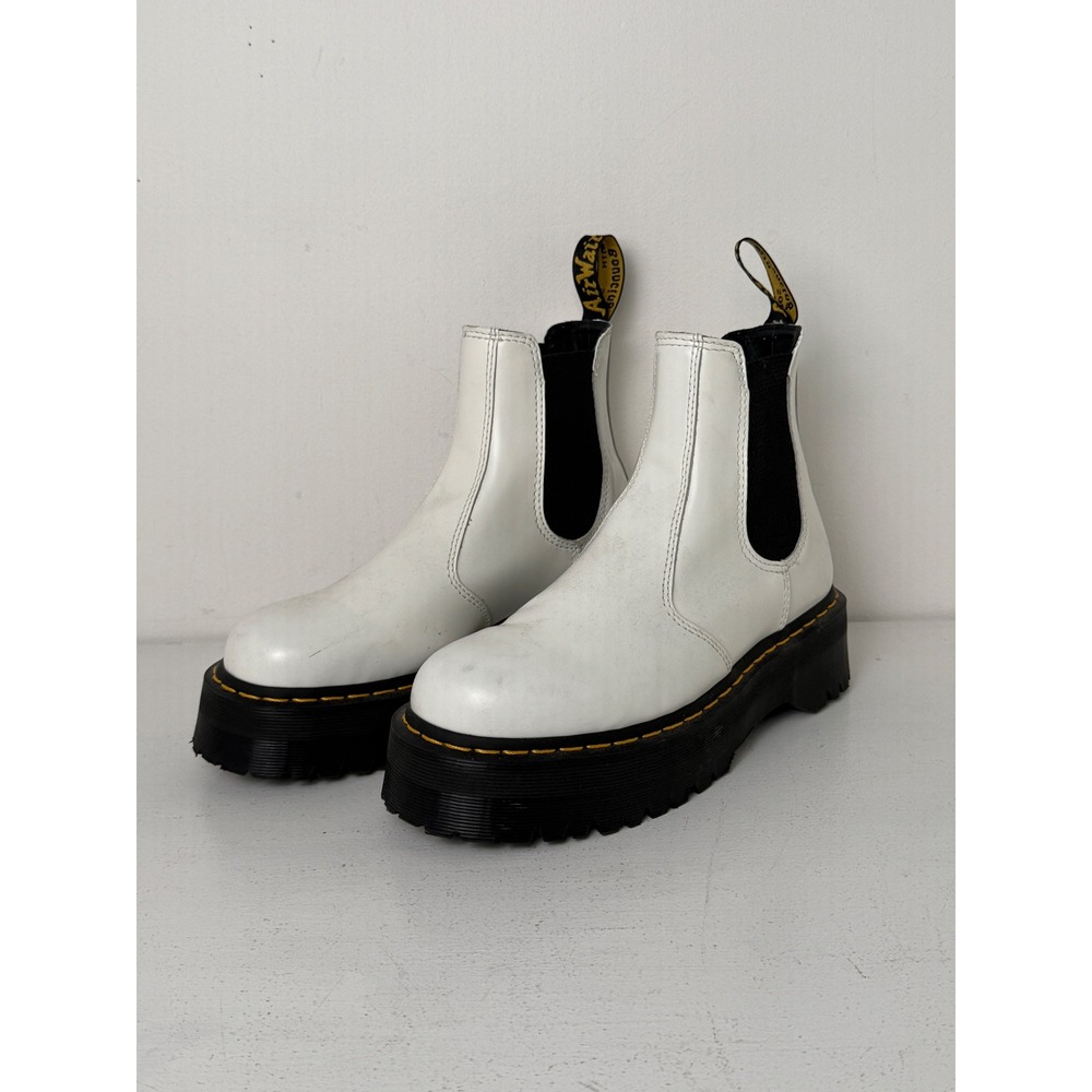 White Platform Dr. Martens 2976 Quad Leather Chelsea Boots Womens 9 Mens 8